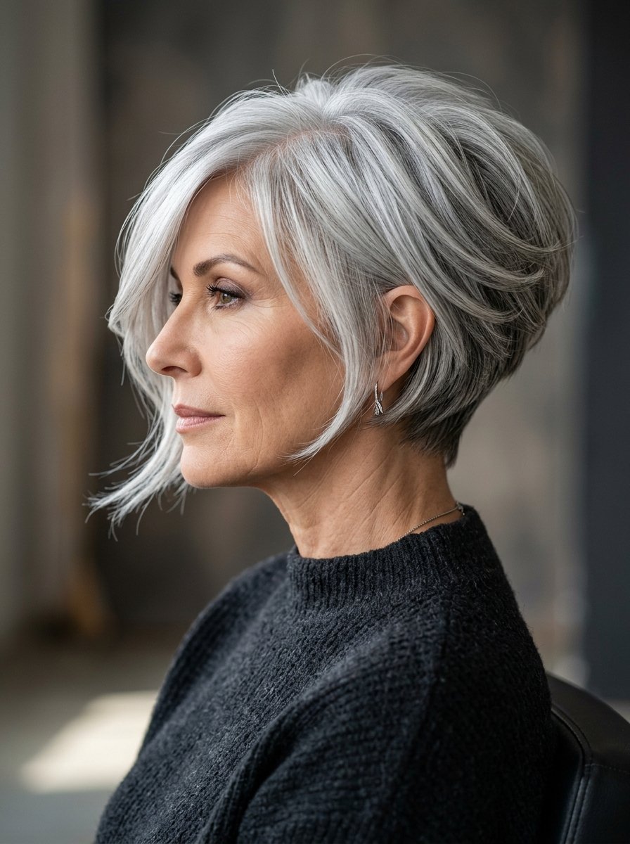 Profile view of a woman with short, voluminous gray hair styled in a chic asymmetrical bob.
