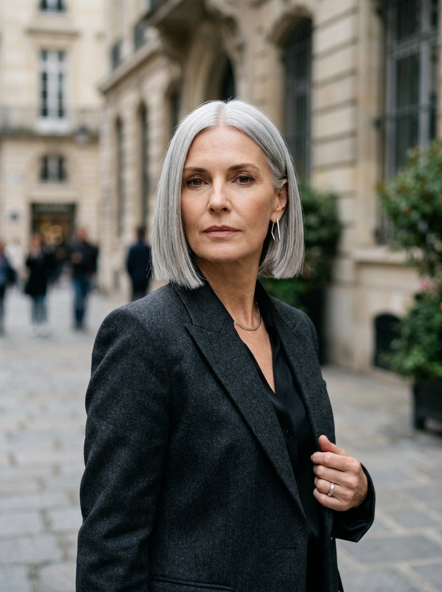 A mature woman with a sleek silver bob hairstyle poses in a dark grey jacket on a city street.