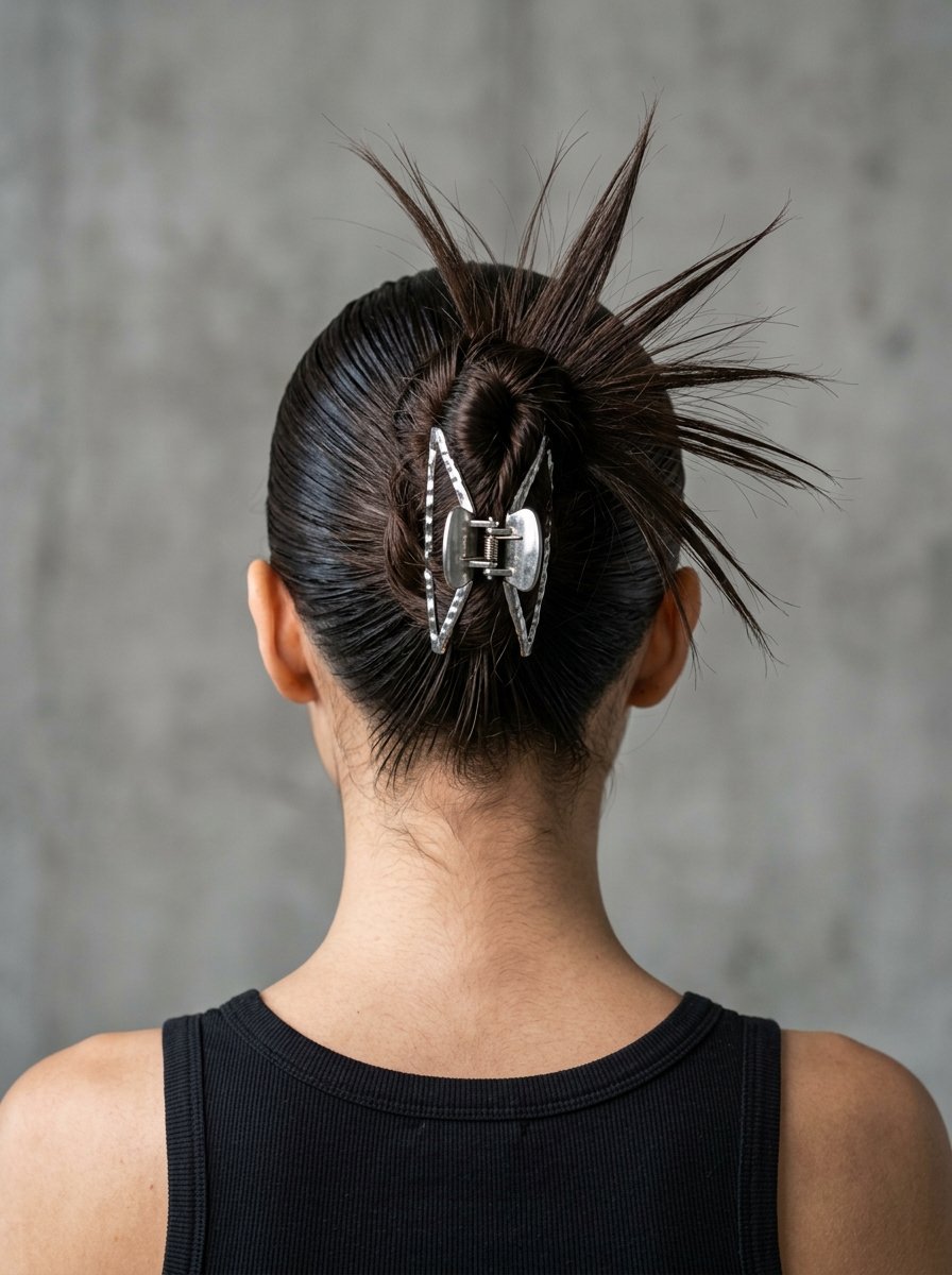 Back view of a person with dark hair held in a spiky bun by a triangular textured metal hair clip.