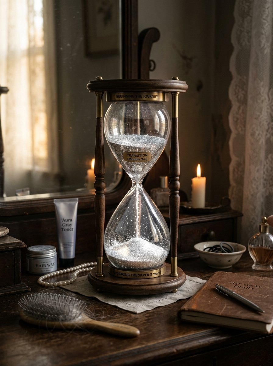 Decorative hourglass on a cluttered vanity table with hair tools, toner, and a journal.
