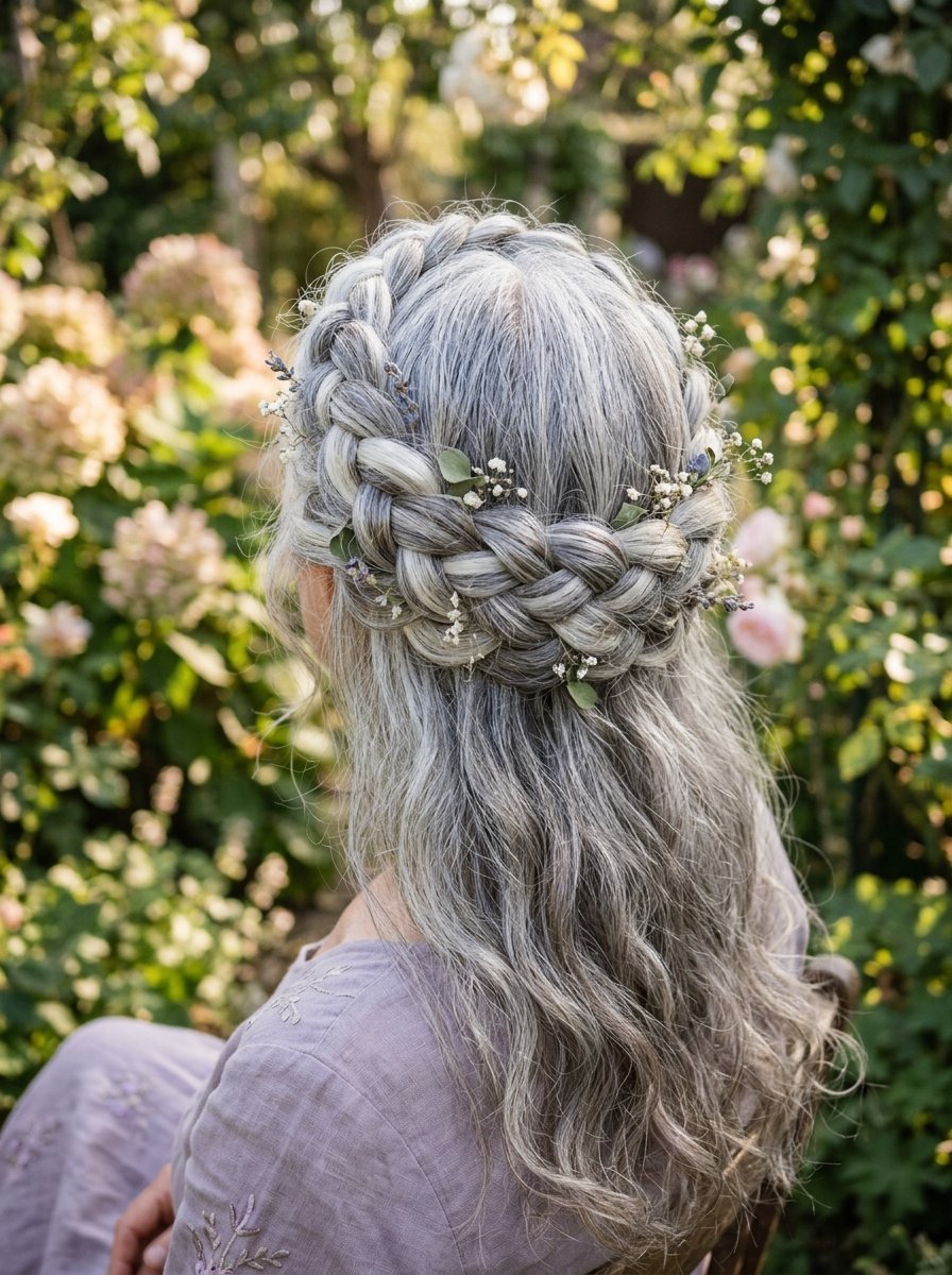 Back view of silver hair in a half-up braided hairstyle adorned with tiny dried flowers in a garden.