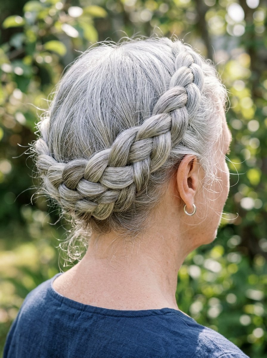 Close-up of a person with natural grey hair worn in a thick, intricate braided updo in a garden setting.