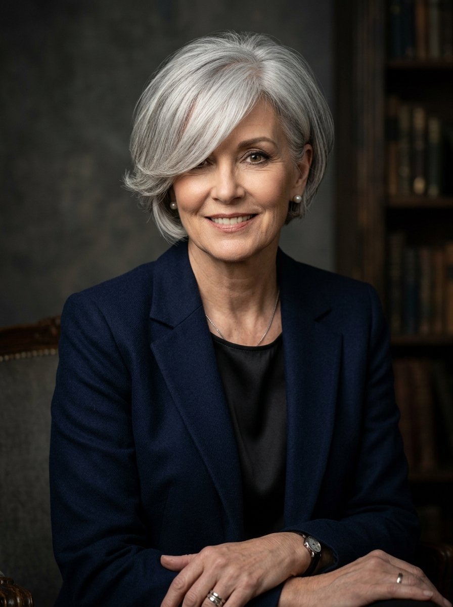 Close-up of a middle-aged woman with grey hair wearing a dark blue blazer sitting in a study.