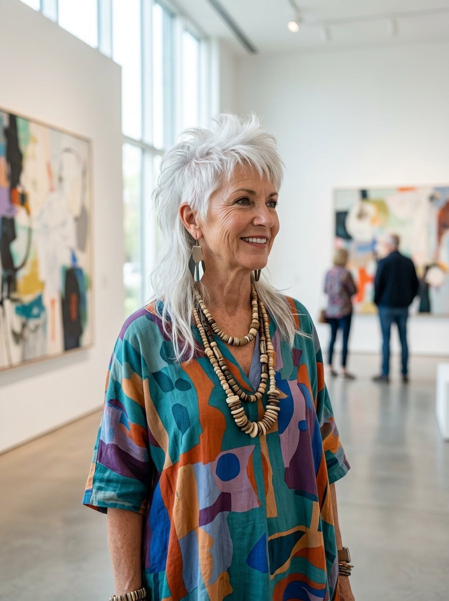 A smiling woman with white hair wearing a patterned tunic and layered bead necklaces standing in an art museum.