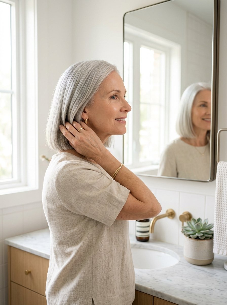 A mature woman with a short grey haircut adjusts her hair while looking at herself in a wall-mounted mirror.