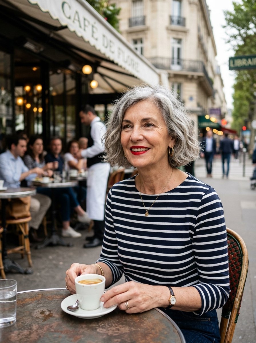 A smiling woman with stylish short grey hair in a striped shirt sitting at an outdoor bistro table in Paris.
