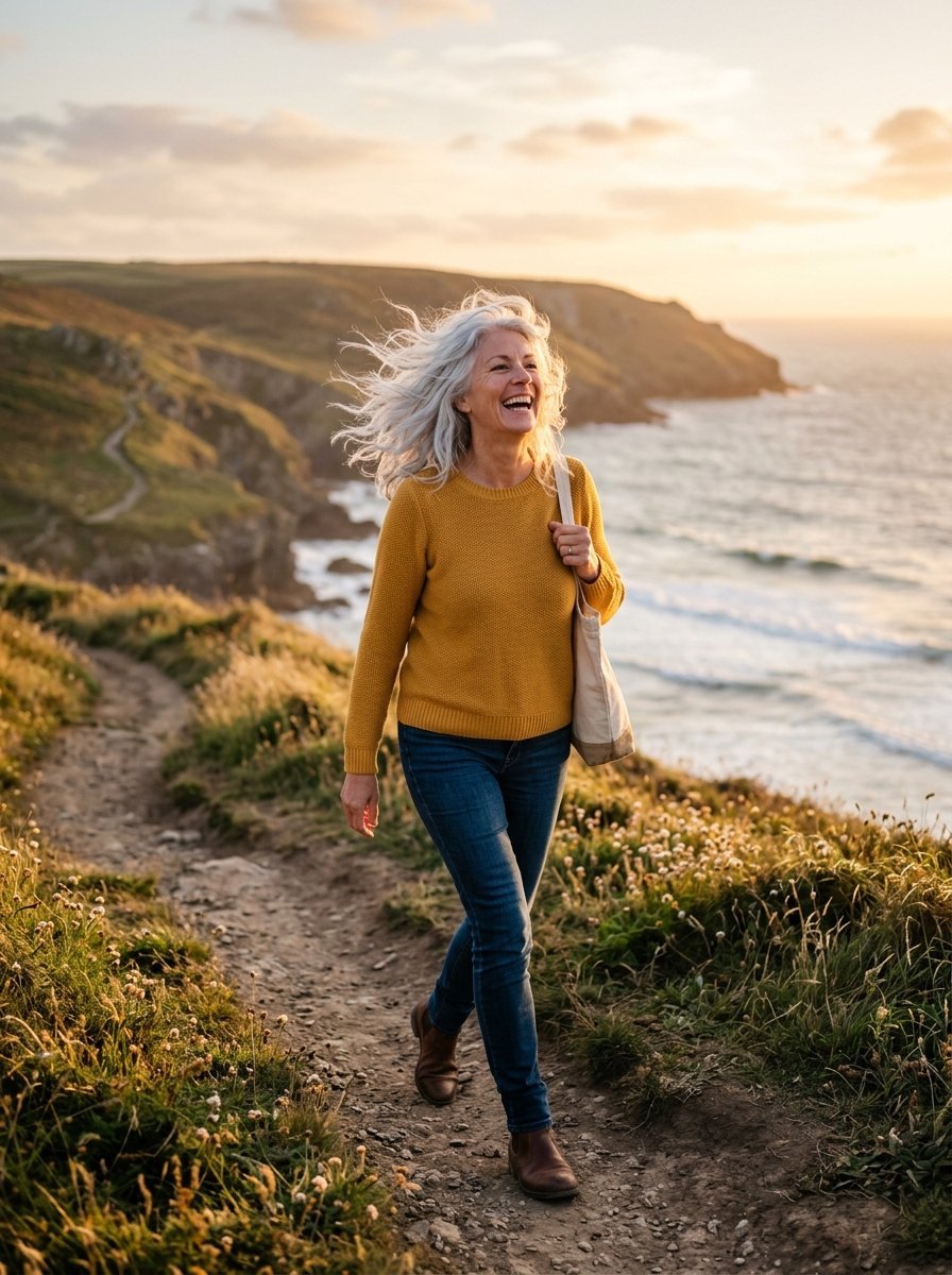 Smiling woman with grey hair wearing a mustard sweater walking on a dirt trail by the sea at sunset.