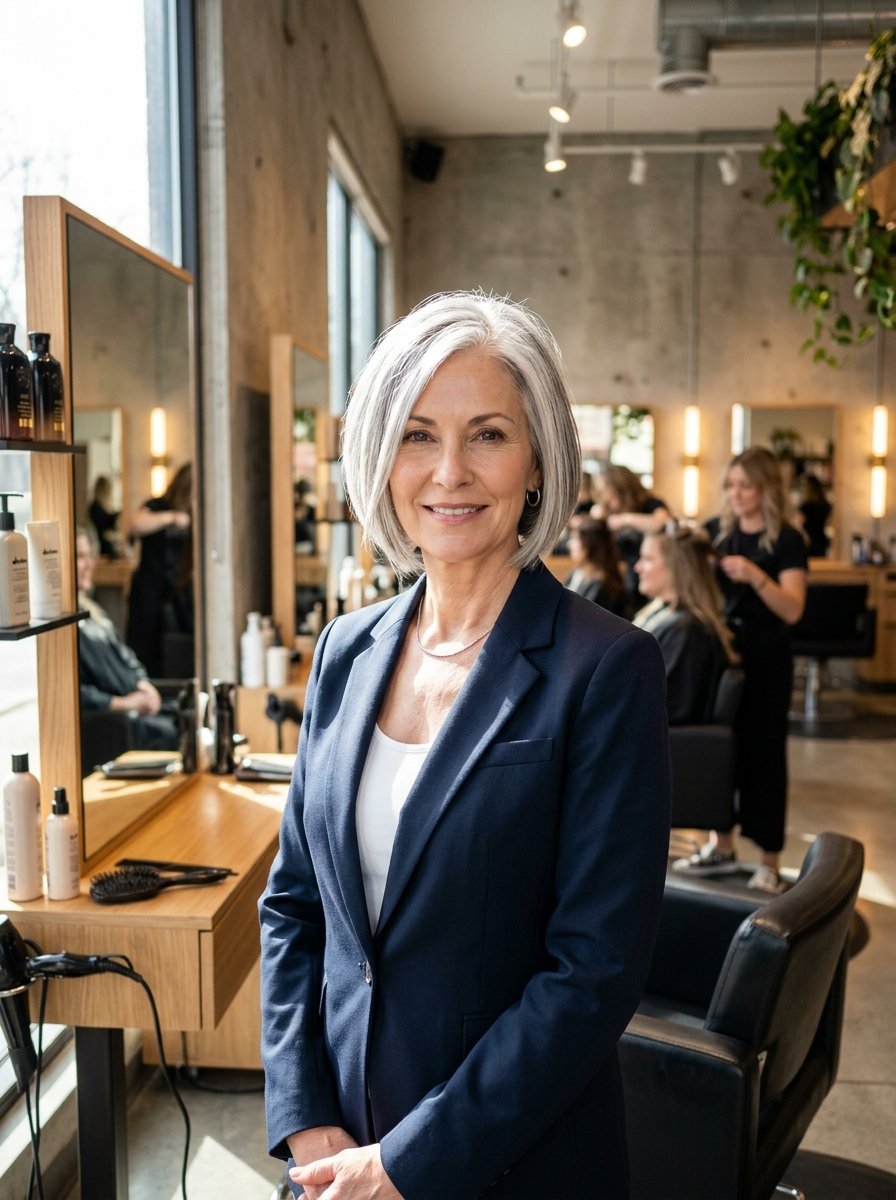 Portrait of an elegant woman with grey hair standing in a modern hair salon with stylists working in the background.