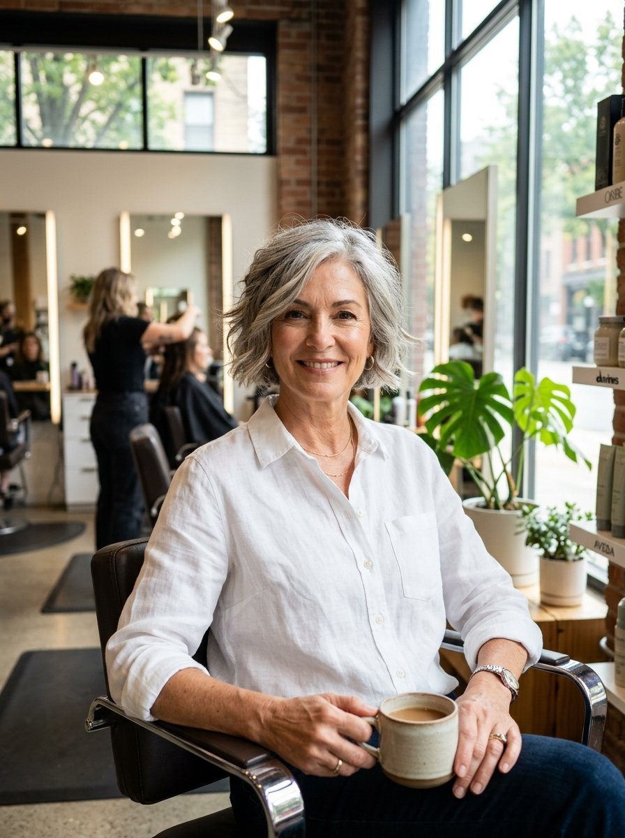 A mature woman with a short silver bob sits in a salon chair holding a ceramic mug of coffee near a window.