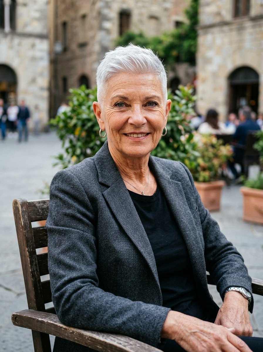 Close up portrait of a senior woman with short white hair wearing a grey blazer sitting in an Italian piazza.