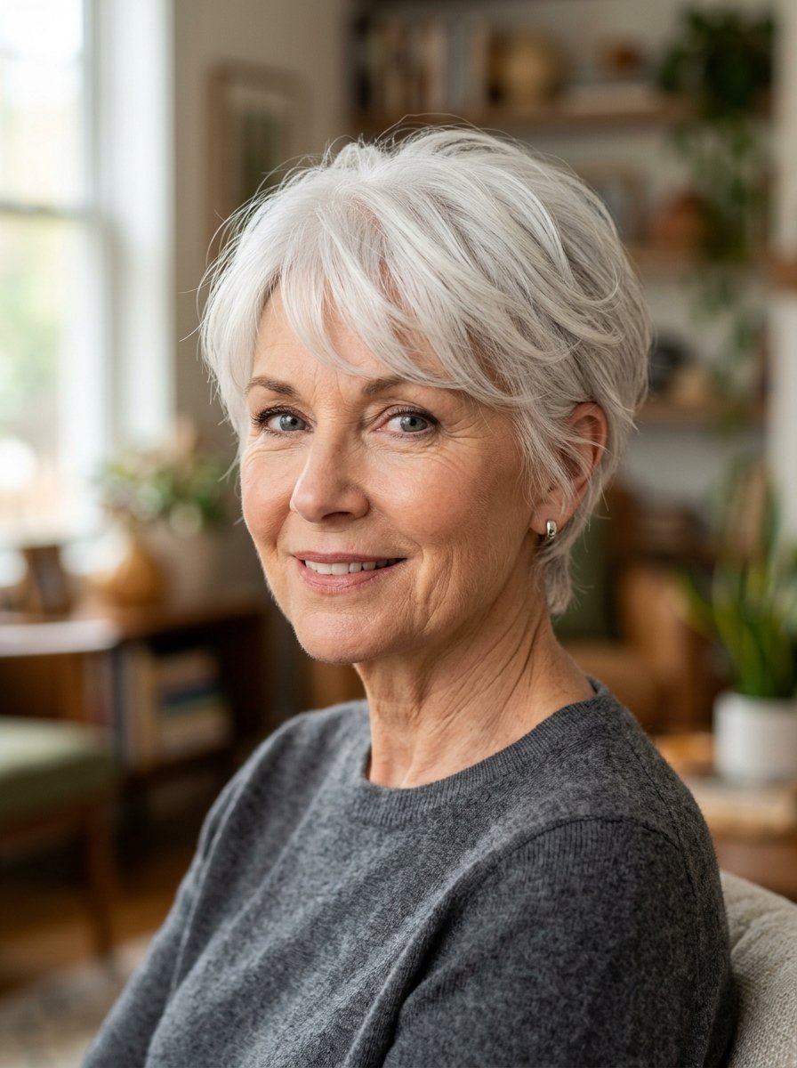 Close-up portrait of a woman with white hair smiling gently in a cozy living room.