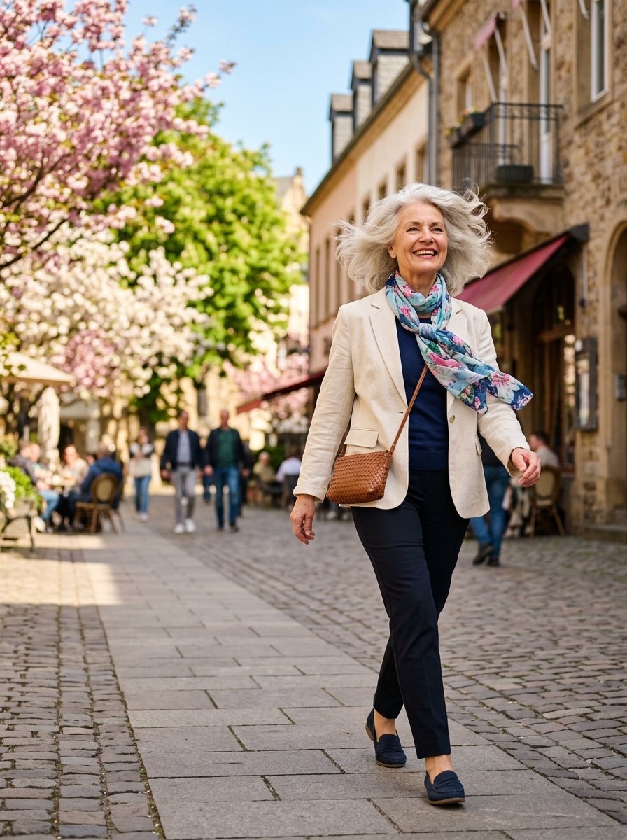 A smiling woman with grey hair walks on cobblestones wearing a beige blazer, navy pants, and a floral scarf.