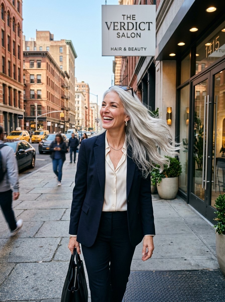 Smiling woman with long grey hair in a navy blazer walking down a city sidewalk outside a beauty salon.