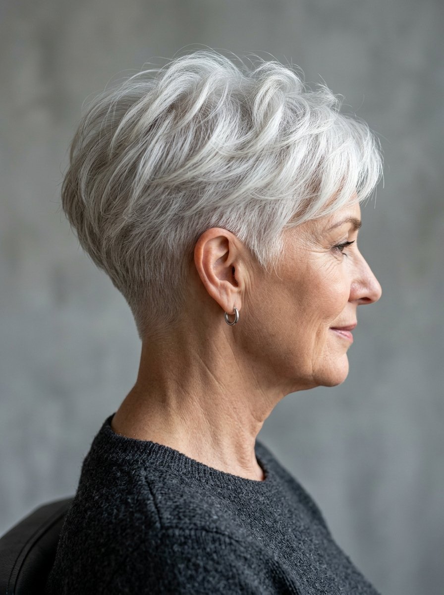 Side profile of an older woman featuring a textured grey pixie hairstyle with an undercut.