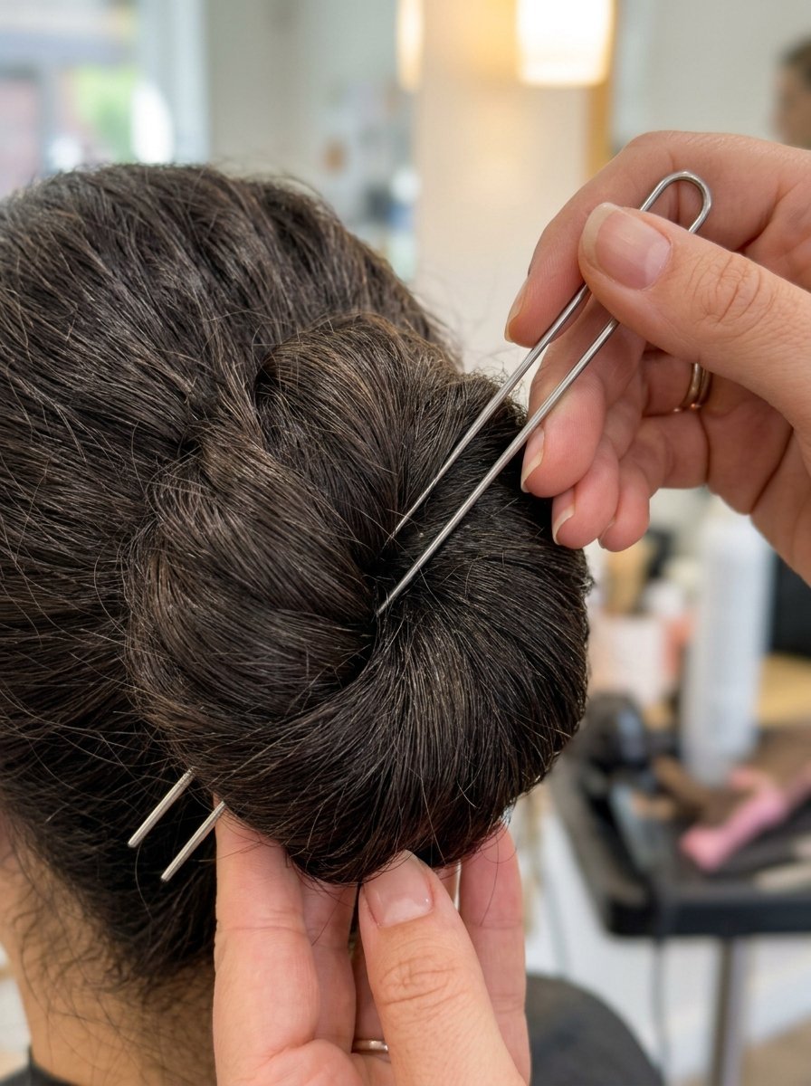 Close-up of hands inserting a long silver U-pin into a neat dark brown hair bun in a salon.