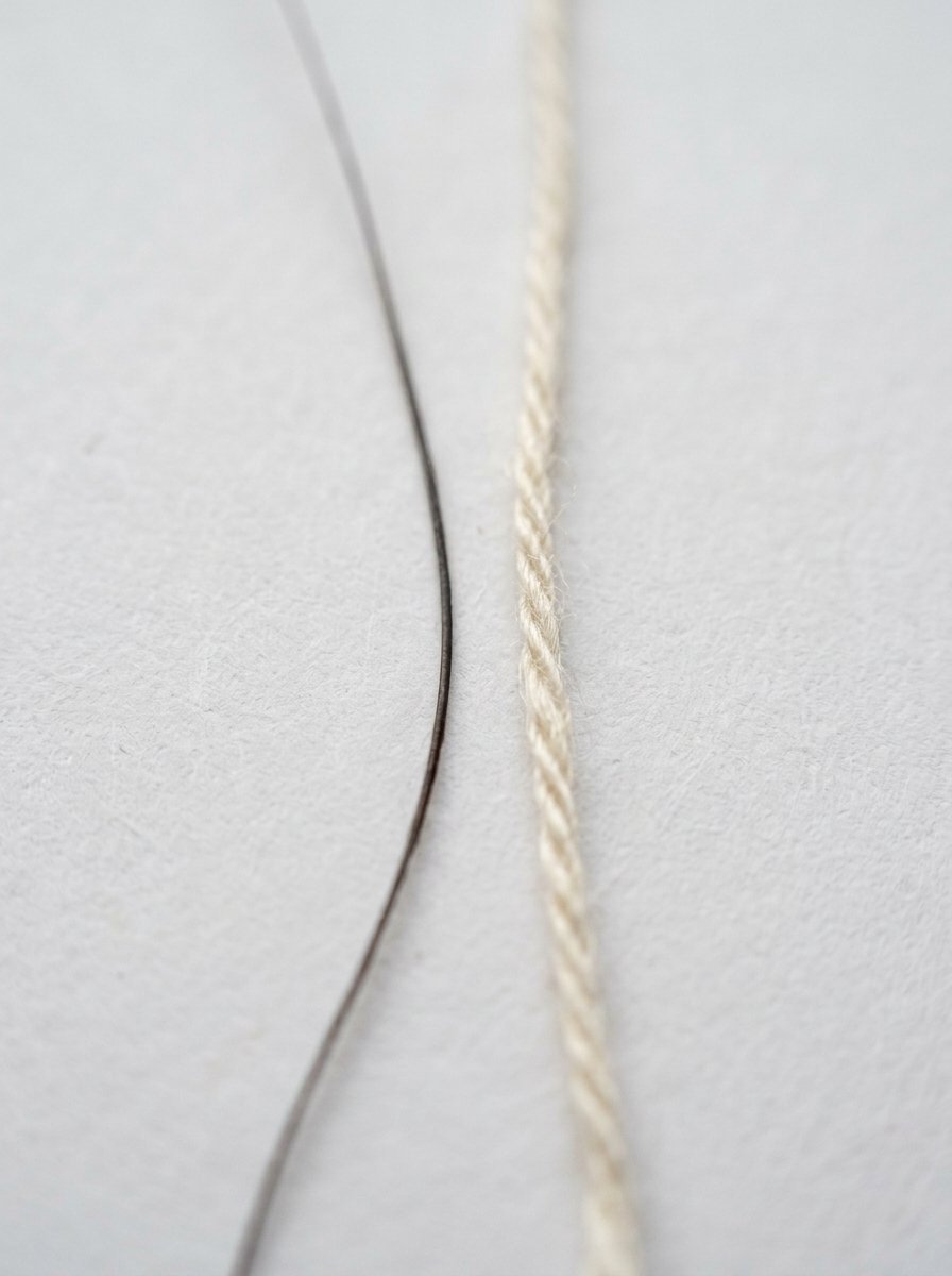 Close up comparison of a solitary dark hair strand beside a twisted light-colored piece of cord.