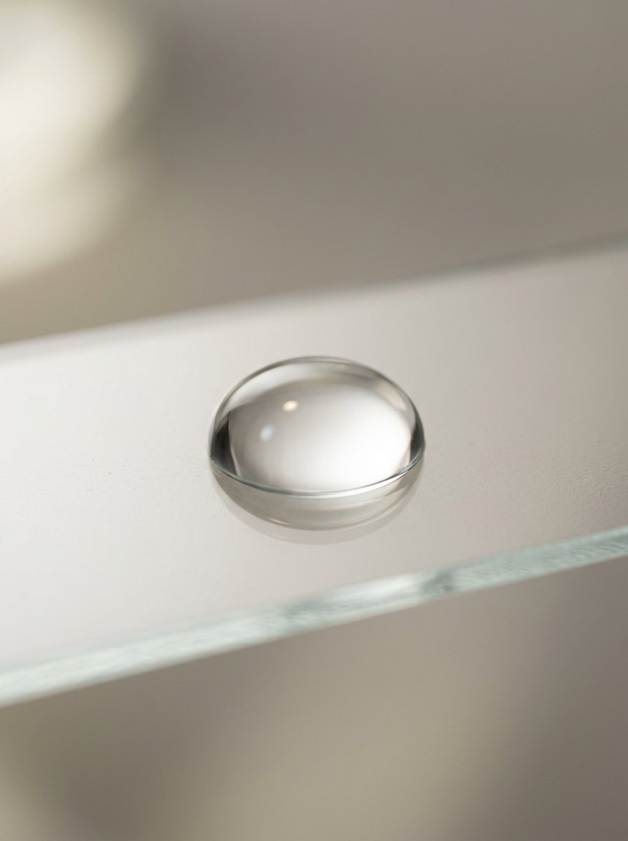 Close-up of a lone, spherical water bead resting on a flat, translucent glass pane.