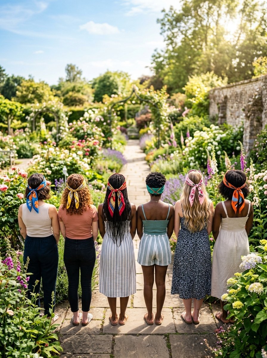 Back view of six women with various hair textures wearing patterned headscarves in a floral stone path garden.