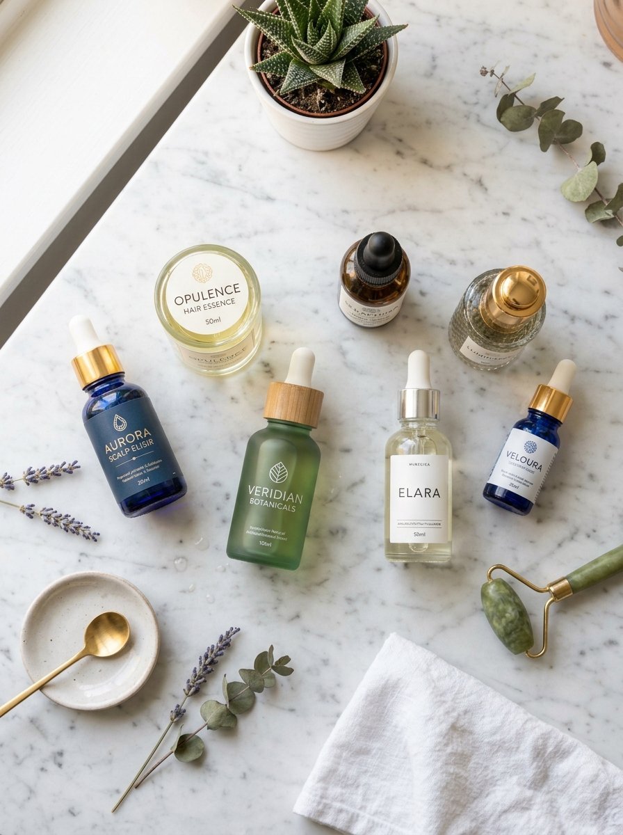 Top-down view of branded skincare serums, a jade roller, and dried lavender sprigs on a marble vanity.