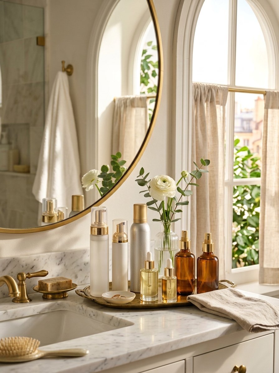 Collection of glass skincare bottles, a vase with flowers, and a gold tray on a marble countertop by an arched window.