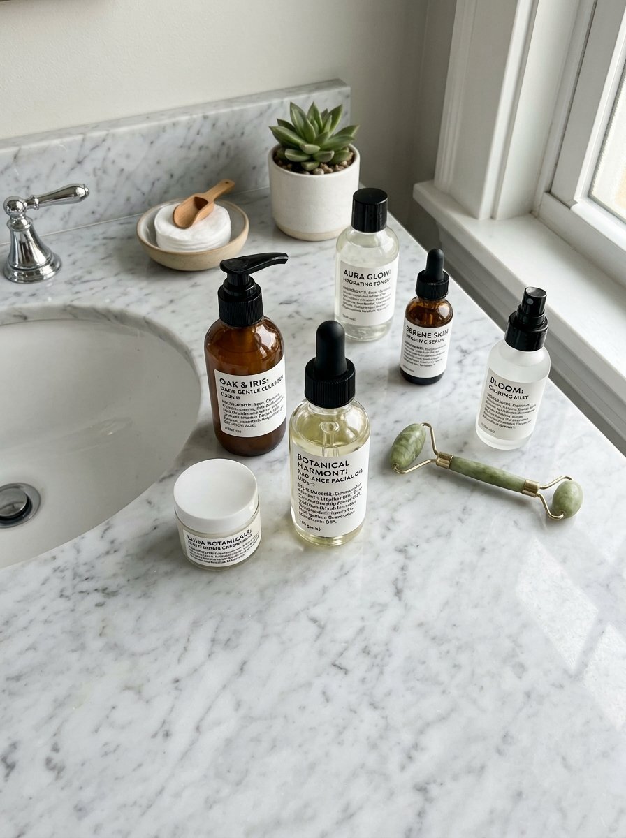 Top view of various skincare bottles, a jade roller, and a small succulent on a white marble bathroom countertop.