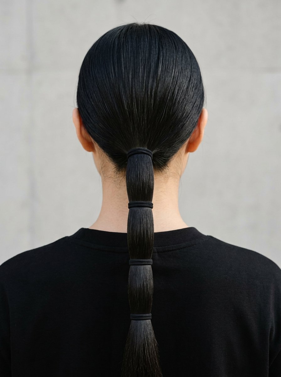 Back view of a person with straight black hair tied into a segmented bubble ponytail with multiple elastic bands.