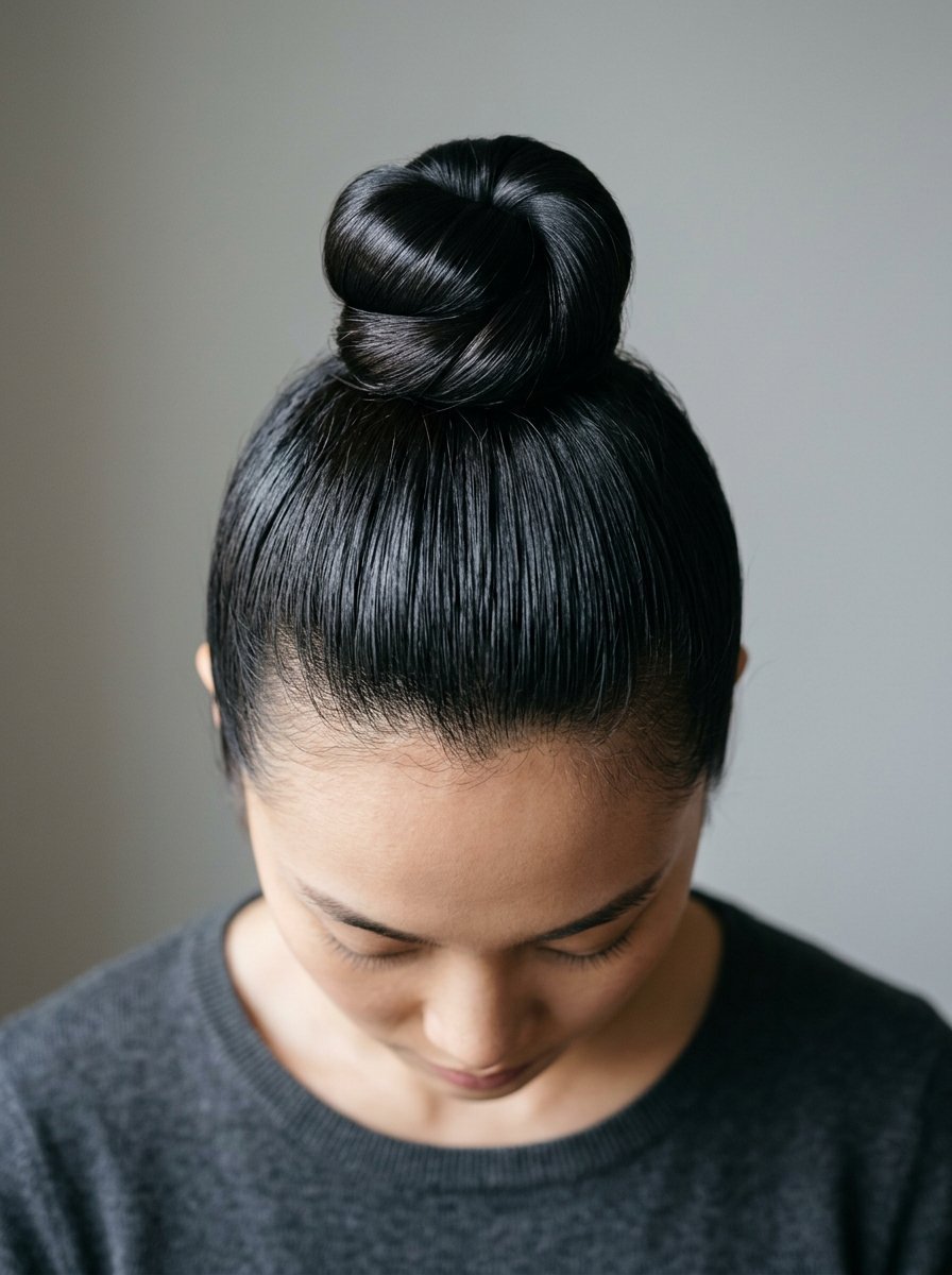 Close up view of a person with glossy black hair pulled tightly into a round bun on top of their head.
