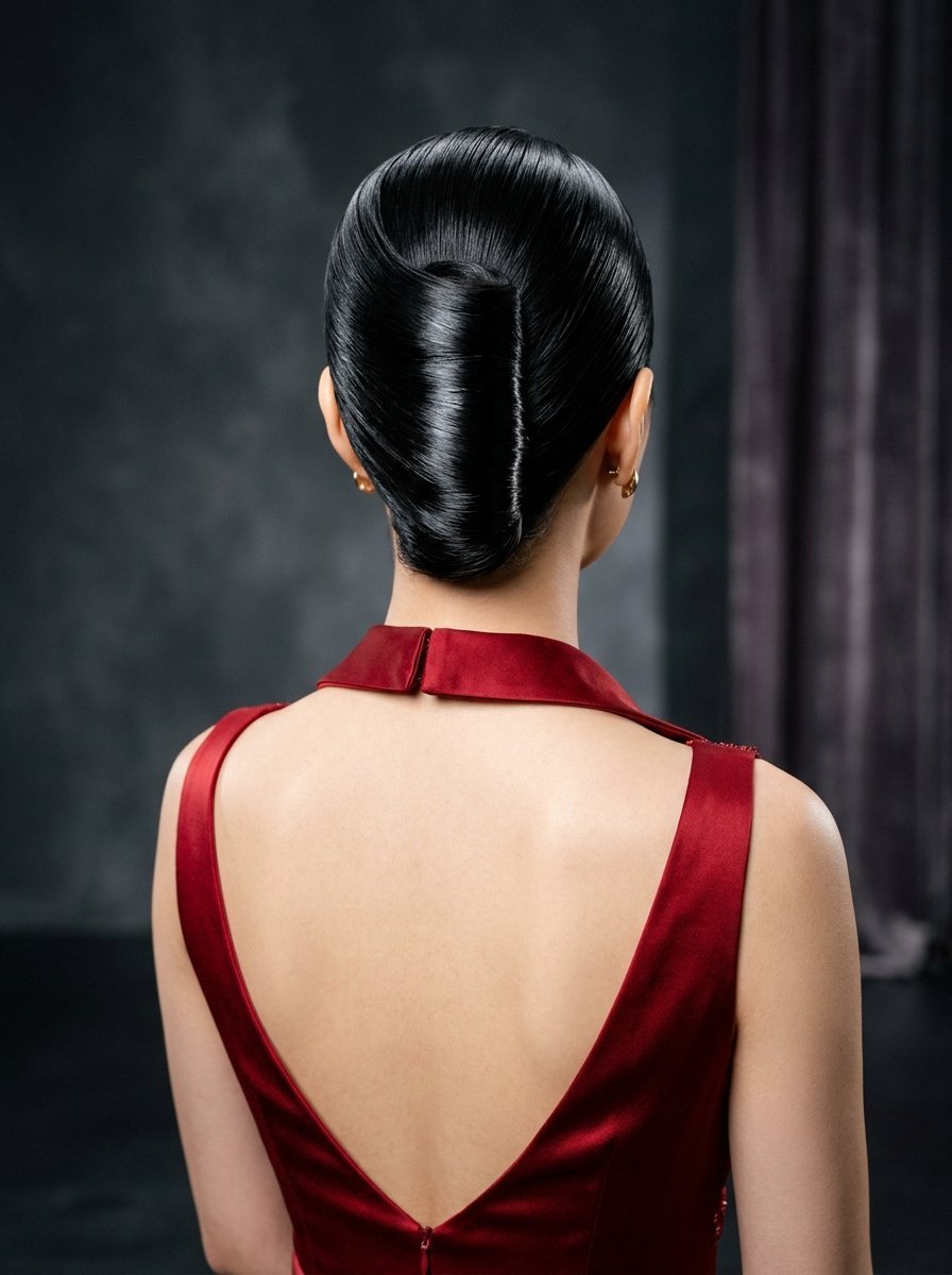 Back view of a woman with shiny dark hair styled in a sophisticated vertical twist.