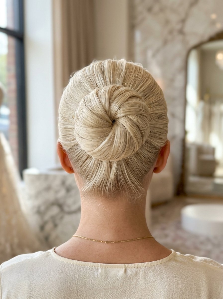 Close-up back view of a woman with platinum blonde hair styled in a neat, smooth circular bun.
