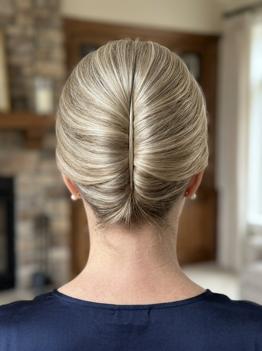 Rear view of a woman with highlighted blonde hair styled in a smooth, elegant French twist updo.