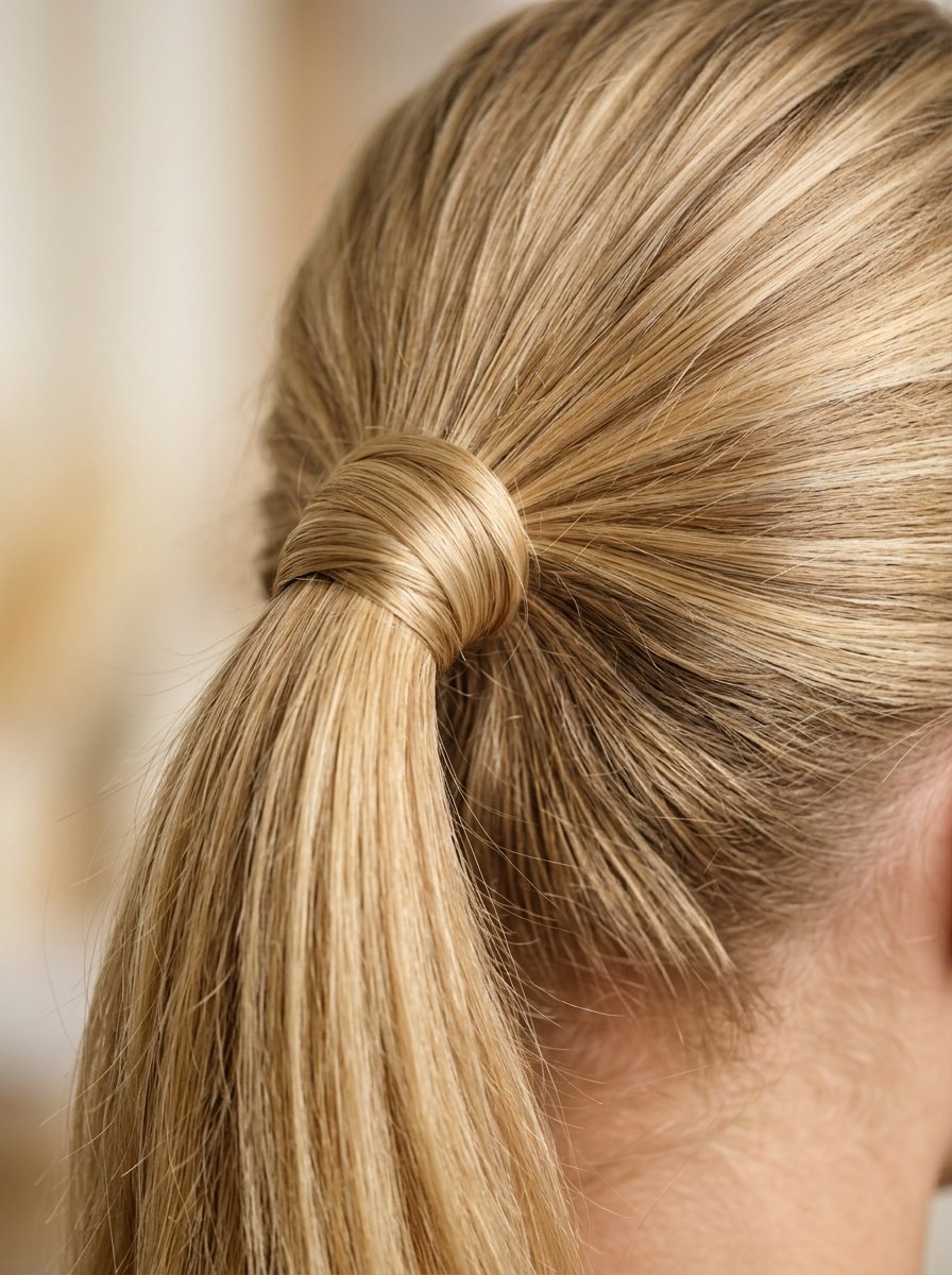 Back view of a person with straight blonde hair tied back in a neat ponytail wrapped with a strand of hair.