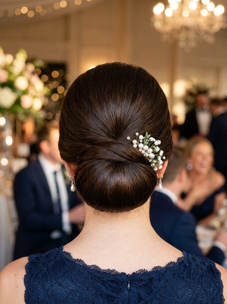 Close up view of a smooth brown hair bun with a floral pearl hair comb, worn with a dark blue lace dress.