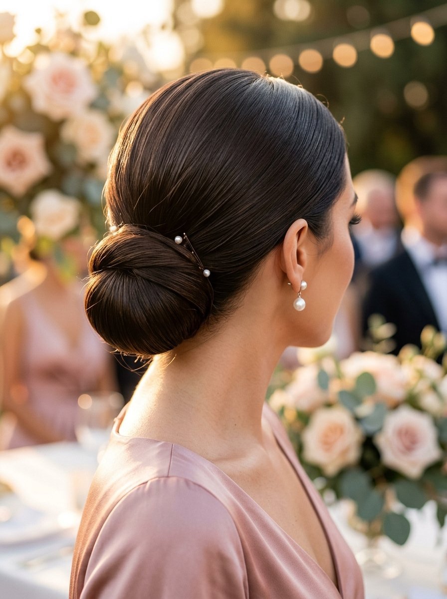 Close-up of a woman with dark hair styled in a sleek low bun, wearing pearl earrings at a wedding reception.