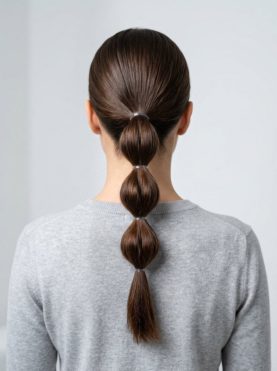 Back view of a woman with long brown hair styled in a smooth, multi-sectioned bubble ponytail with clear elastic ties.