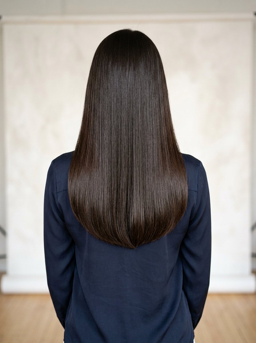 Back view of a person with very long, smooth, dark brown hair against a light studio backdrop.