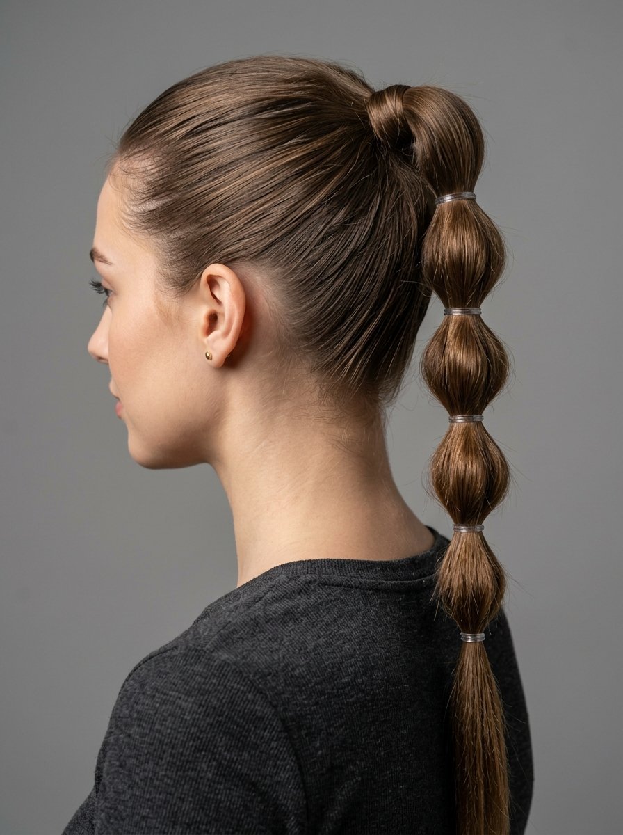 Model with smooth brown hair styled into a segmented bubble ponytail against a grey background.