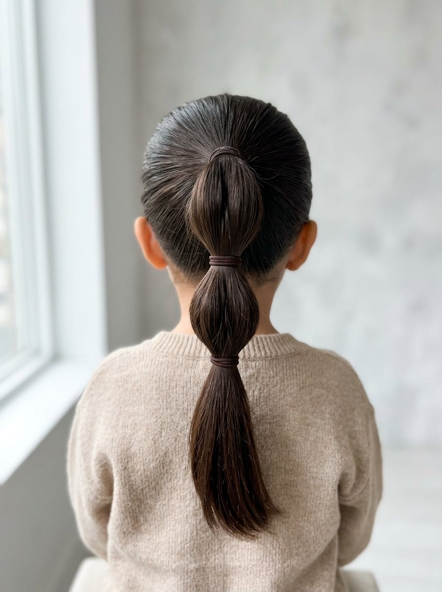 Back view of a child with brown hair styled in a tidy bubble ponytail wearing a beige knit sweater.