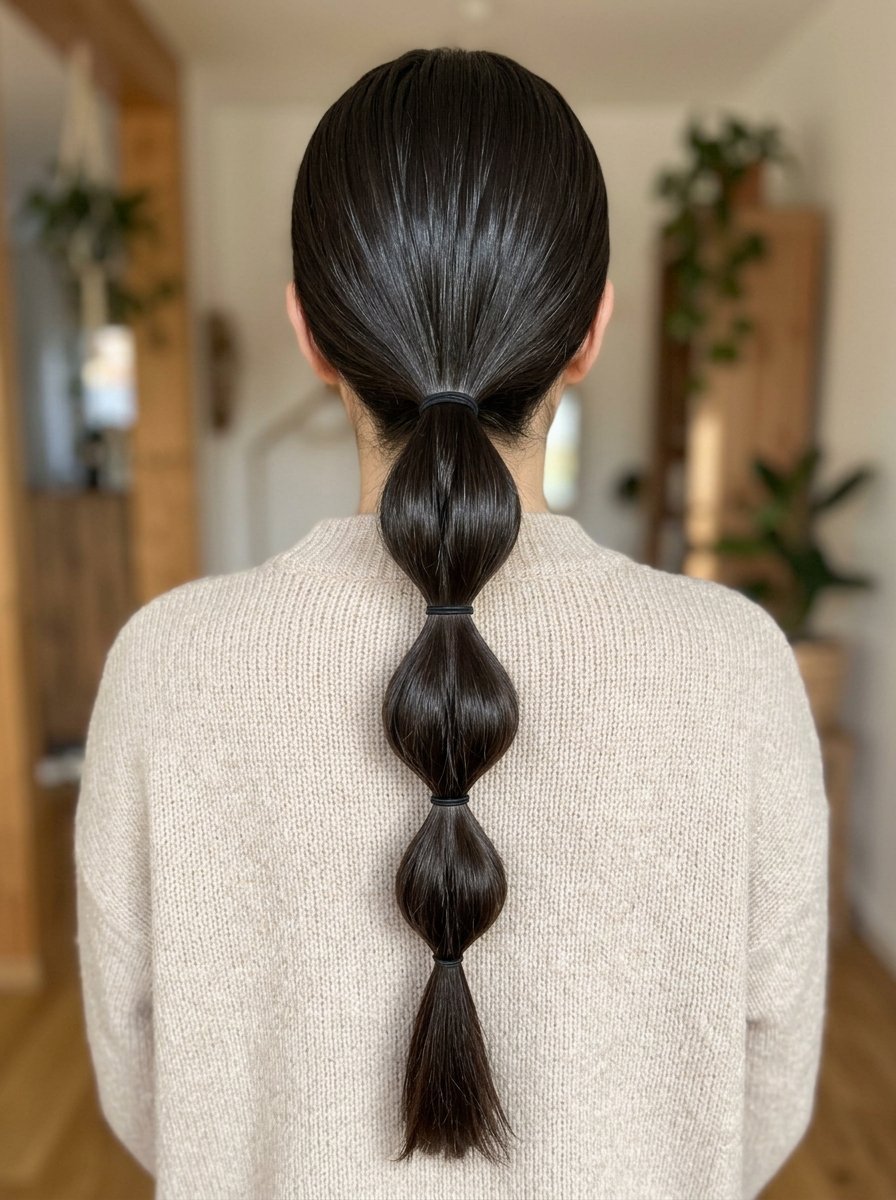 A woman from behind with glossy dark hair secured in a segmented bubble ponytail wearing a beige knit sweater.