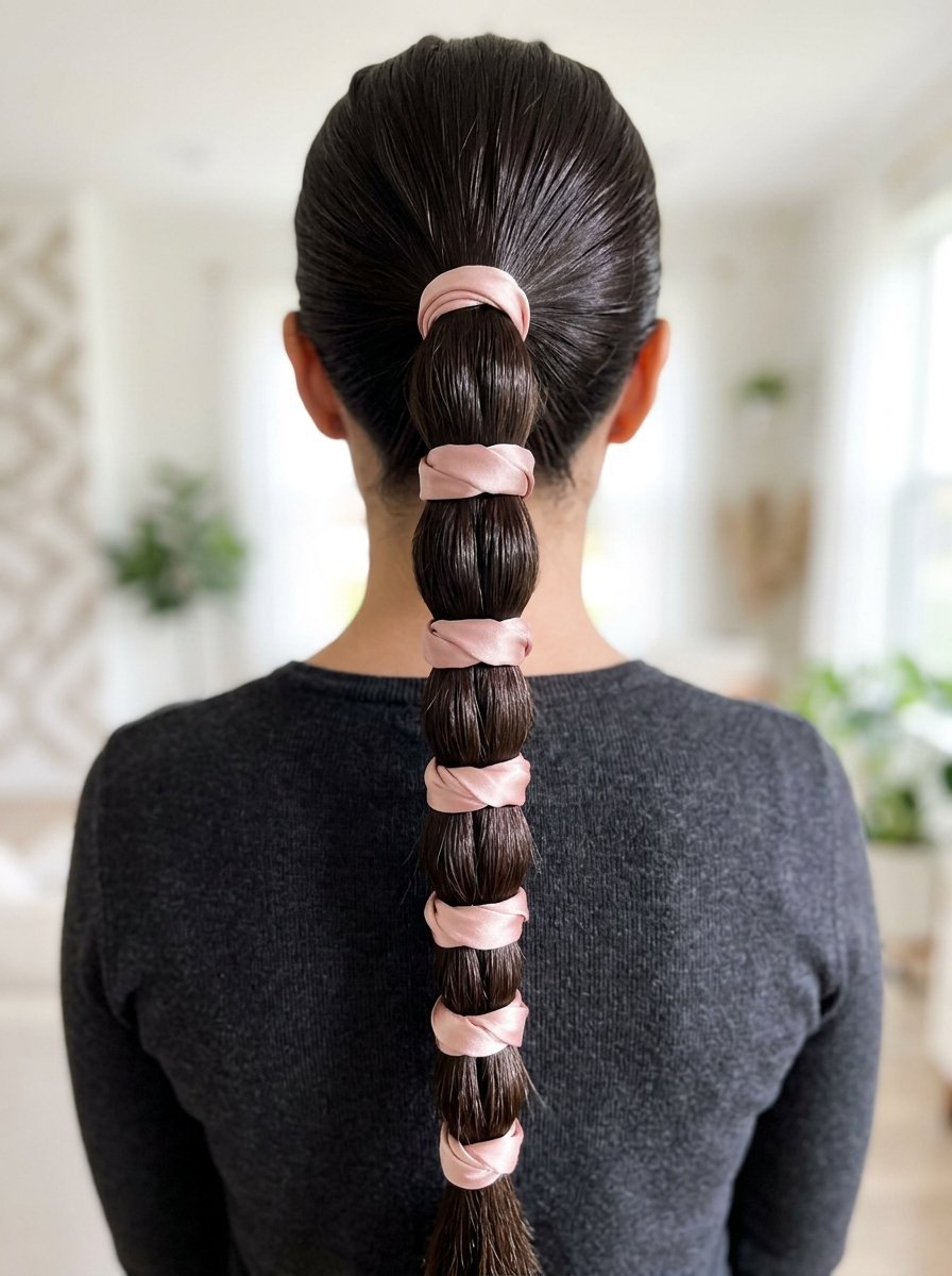 Back view of a woman with long dark hair pulled into a segmented bubble braid using matching pink silk scrunchies.