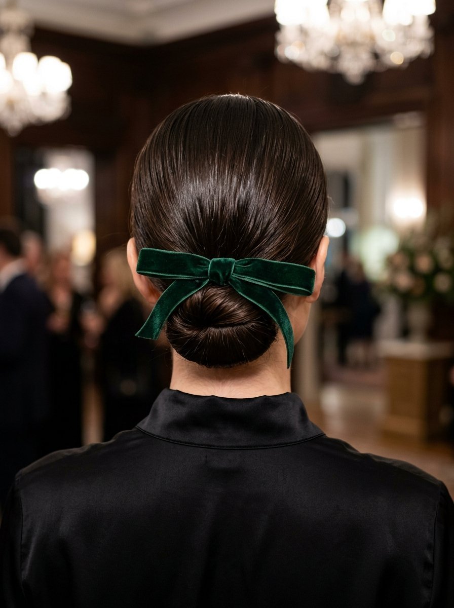 Close-up back view of a woman with a sleek, dark hair bun secured by a festive dark green velvet ribbon.