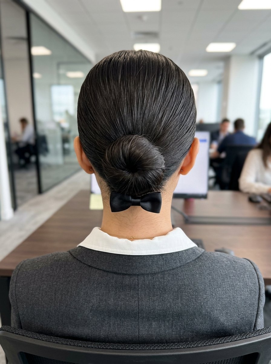 Close up rear view of a woman in a grey suit featuring a neat hairstyle with a bow in a corporate office.