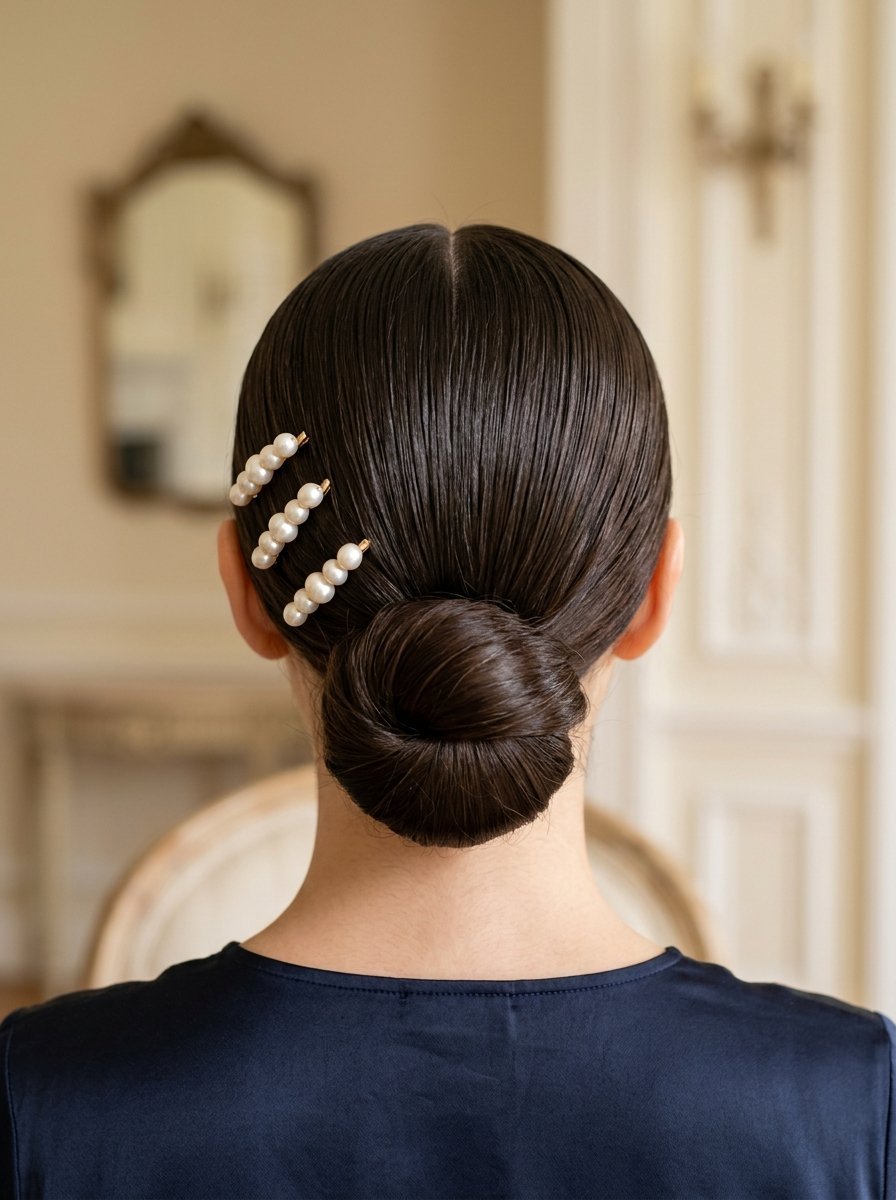 A woman's hair in a neat low bun accessorized with three stacked gold-toned pearl hair barrettes.