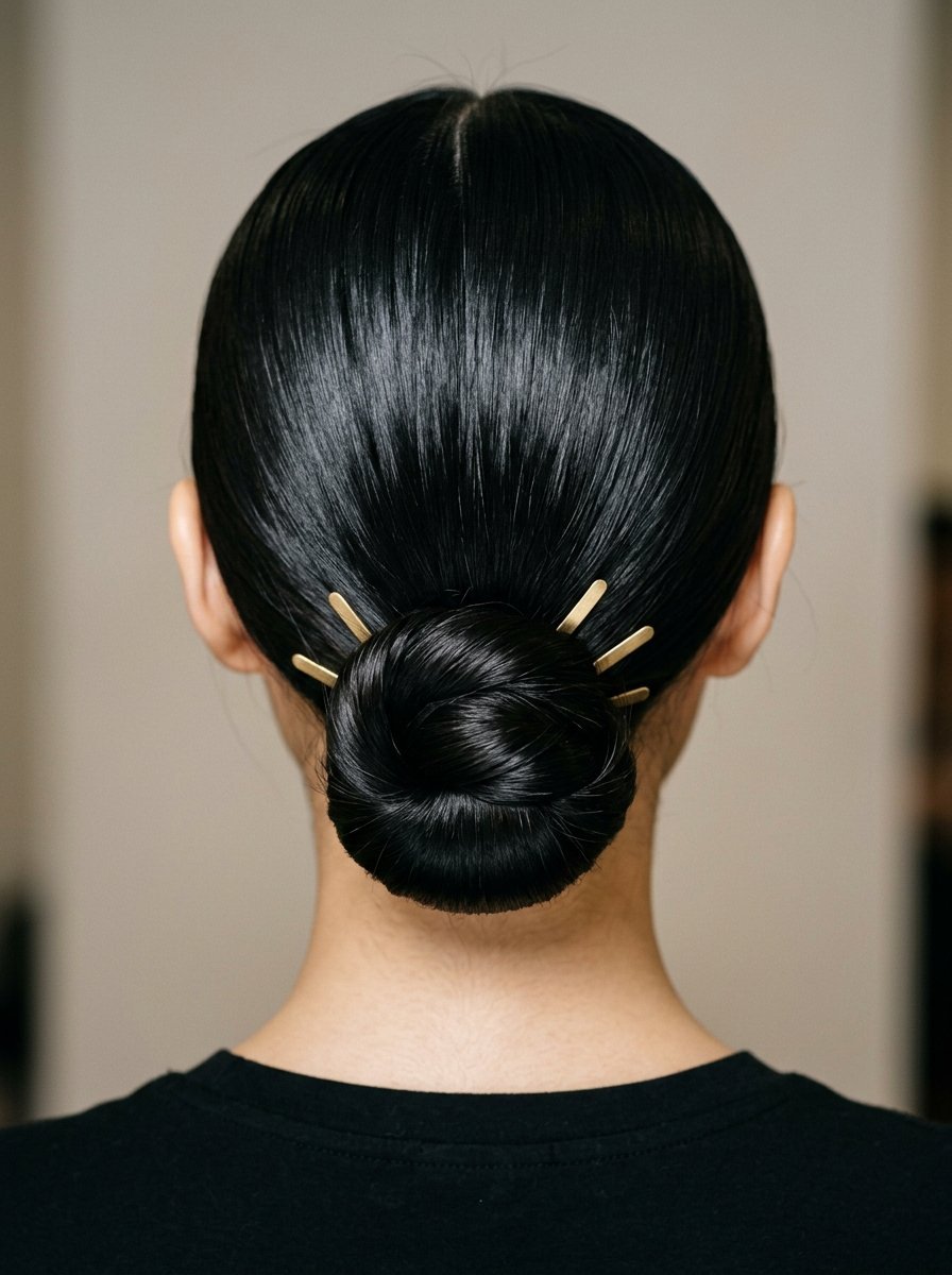 Back view of smooth black hair styled in a tight bun, accented with metallic gold hair pins on both sides.