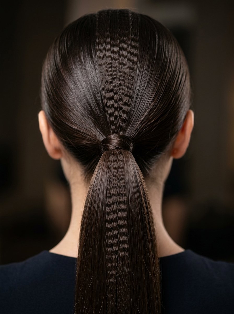 Back view of a woman with a smooth dark brown ponytail and a distinct crimped texture strip down the center.