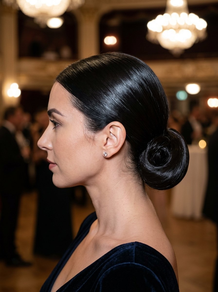 Side profile of a woman with dark hair styled in a smooth, tight bun, wearing a velvet dress and diamond earring.