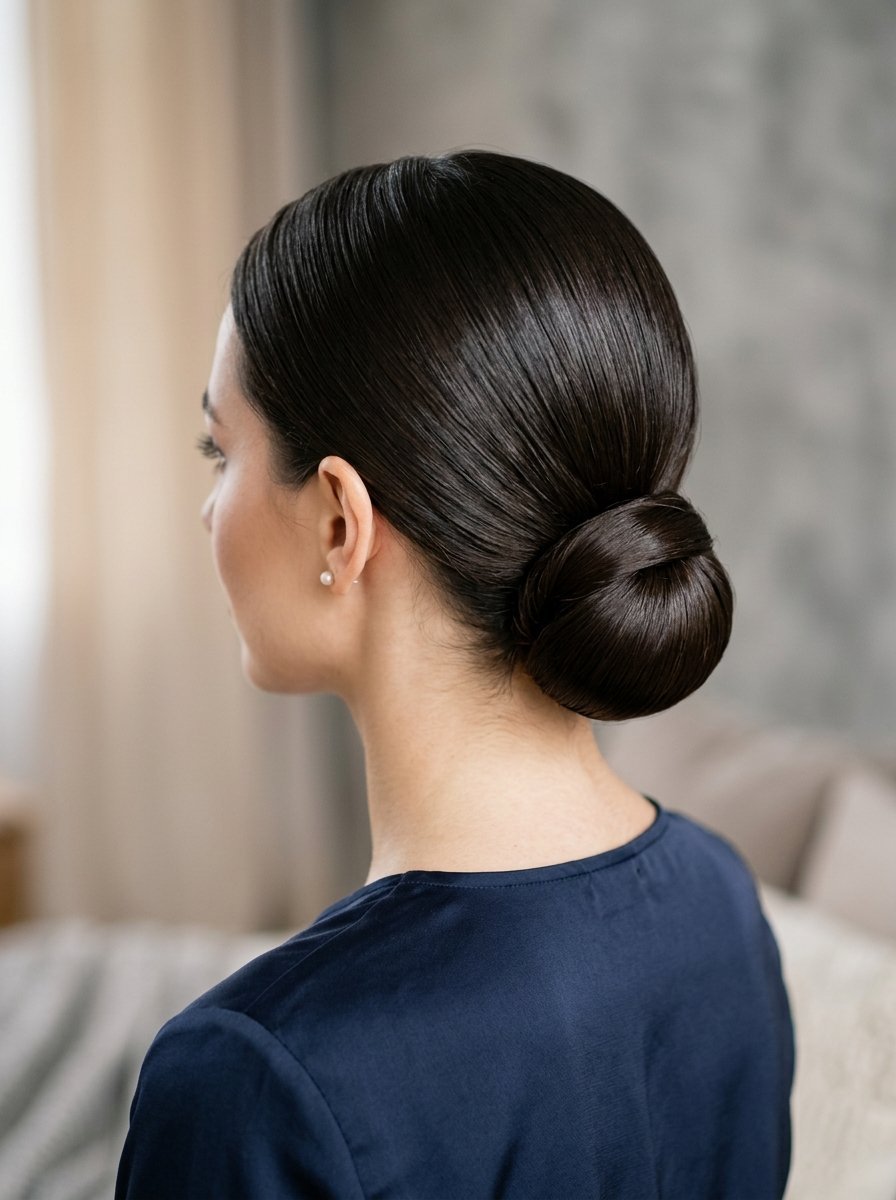Back view of a woman with shiny dark brown hair styled in a tight, elegant low bun wearing a blue top.