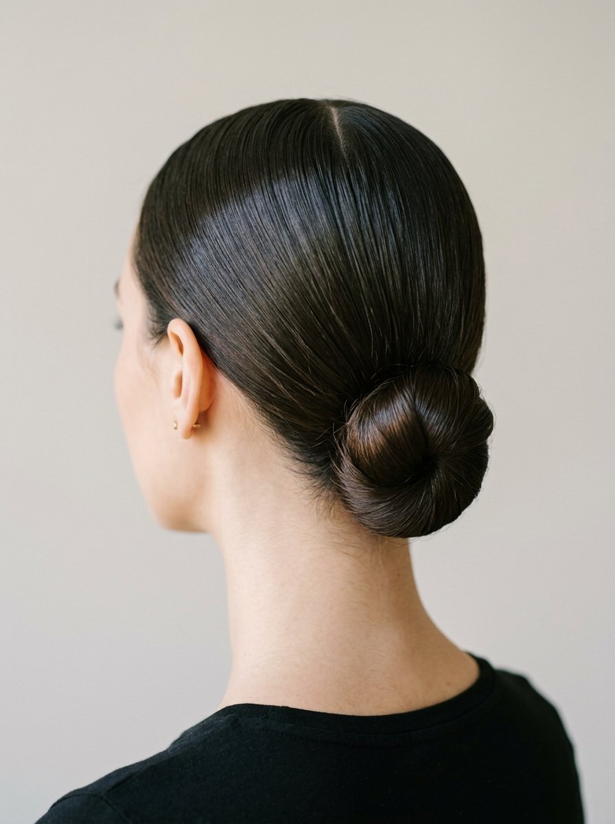 Back view of a woman with smooth, dark hair styled into a neat, minimalist low bun.