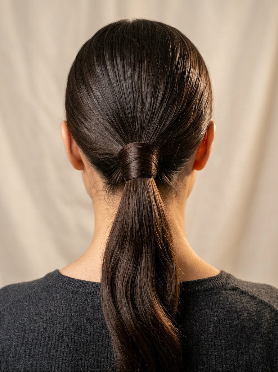 Back view of a person with straight brown hair tied back with a wrapped ponytail base against a neutral backdrop.