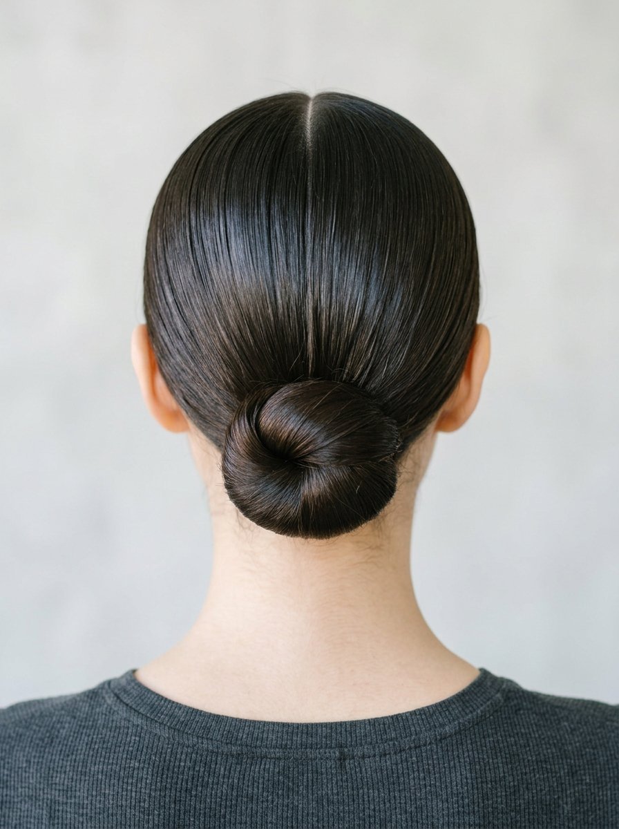 Close up of dark hair styled into a neat, centered low bun against a neutral grey background.