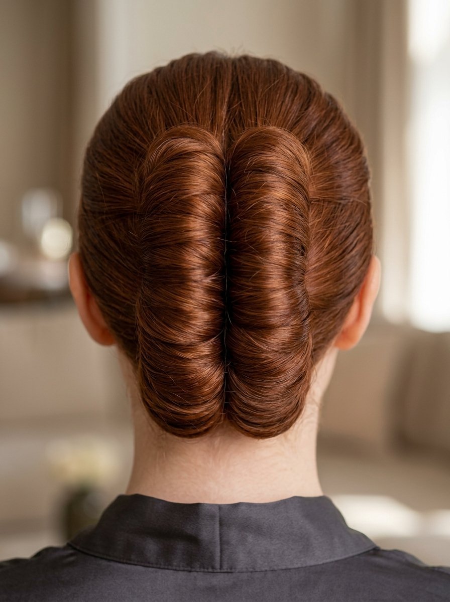 Back view of a person with auburn hair styled into two vertical rolls meeting in the center.